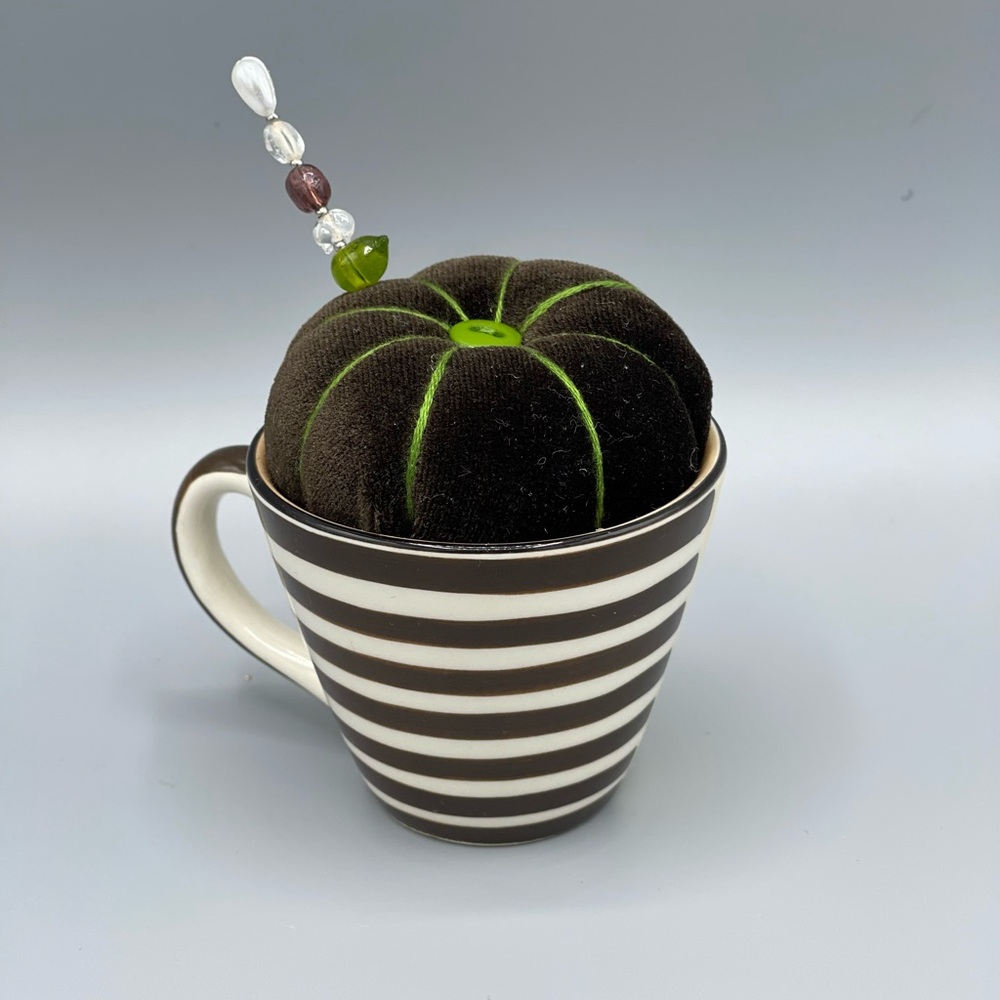 Artistic Ceramic Pin Cushion Needle Holder with a Beaded Needle